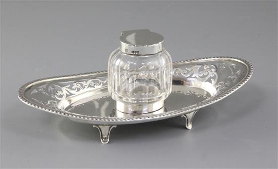 A Victorian silver and cut glass inkstand, by Haseler & Bill, length 211mm, weight tray only 5.4oz/170g